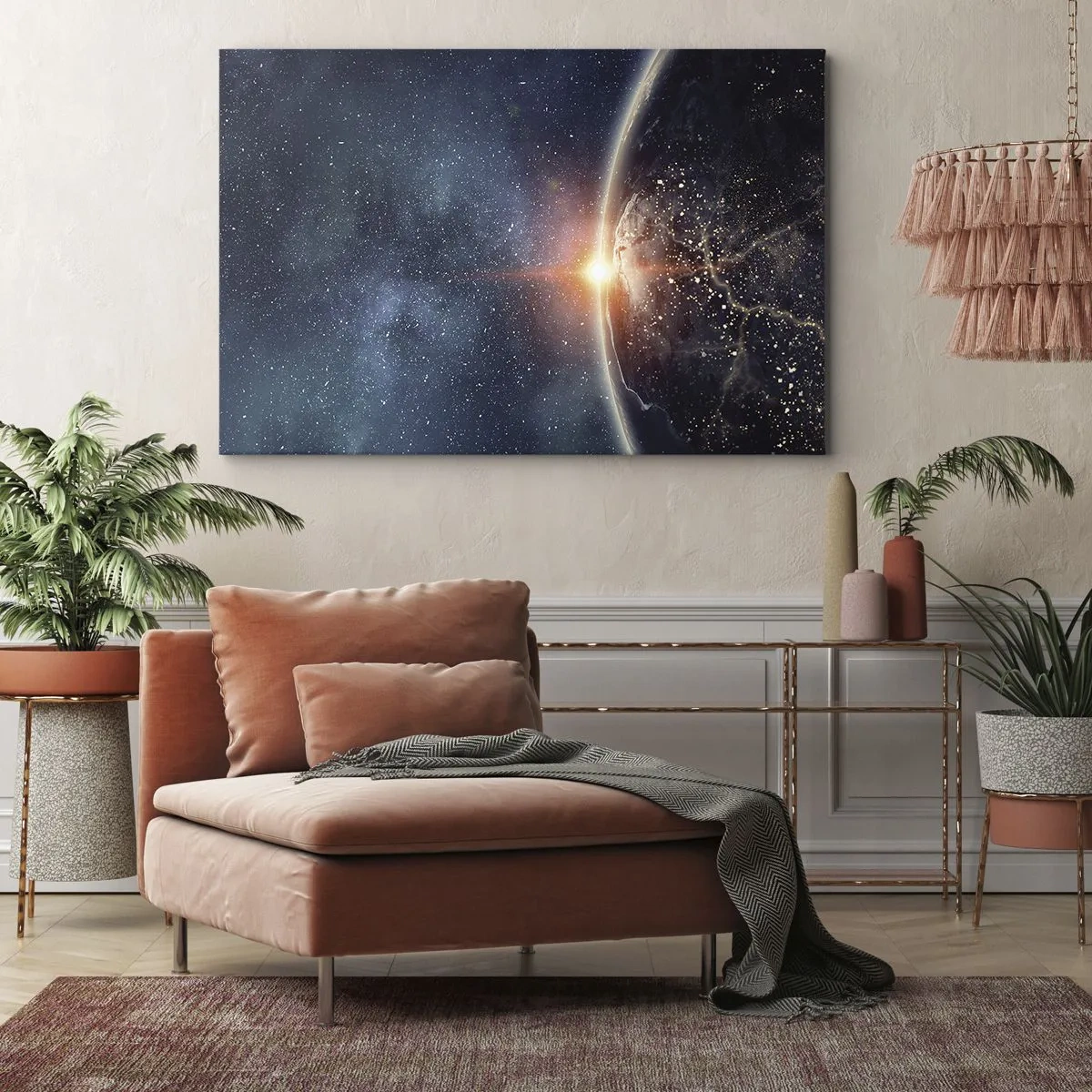 Tablou pe pânză Canvas - Pământul văzut din spațiu cu soarele răsărind - 70x50cm - Într-o nouă perspectivă - Decorațiune modernă pentru perete pentru living și dormitor ARTTOR