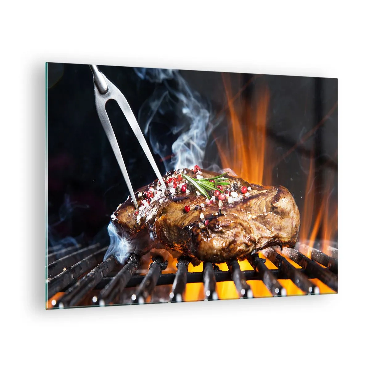 Tablou pe sticlă - Friptură la grătar cu condimente pe grătar - 70x50cm - Suculente și parfumate - Decorațiune modernă pentru perete pentru living și dormitor ARTTOR