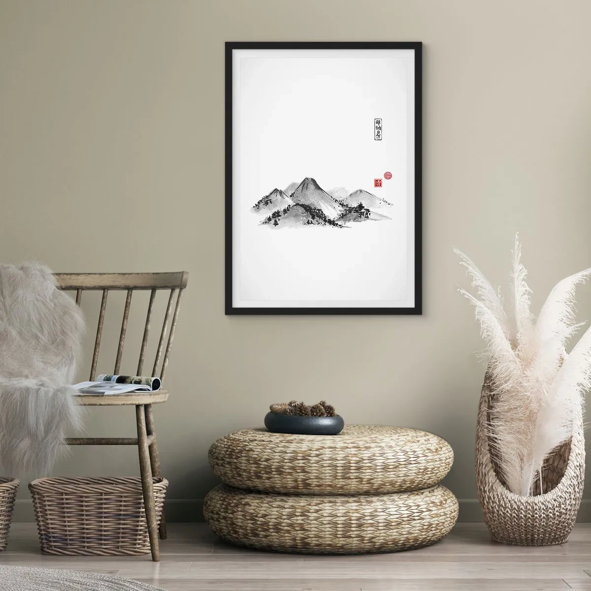 Poster în ramă neagră - Un peisaj montan minimalist în stil japonez - 50x70cm - Dincolo de dealuri - Decorațiune modernă pentru perete pentru living și dormitor ARTTOR