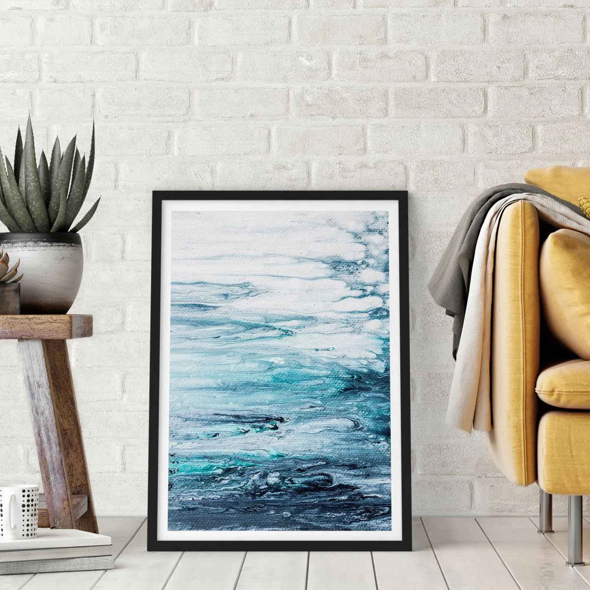 Poster în ramă neagră - Model abstract în nuanțe de albastru și gri - 50x70cm - Țurțuri de albastru - Decorațiune modernă pentru perete pentru living și dormitor ARTTOR