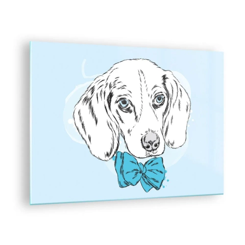 Tablou pe sticlă - Desen al unui câine cu papion pe fundal albastru - 70x50cm - Eleganța câinelui - Decorațiune modernă pentru perete pentru living și dormitor ARTTOR