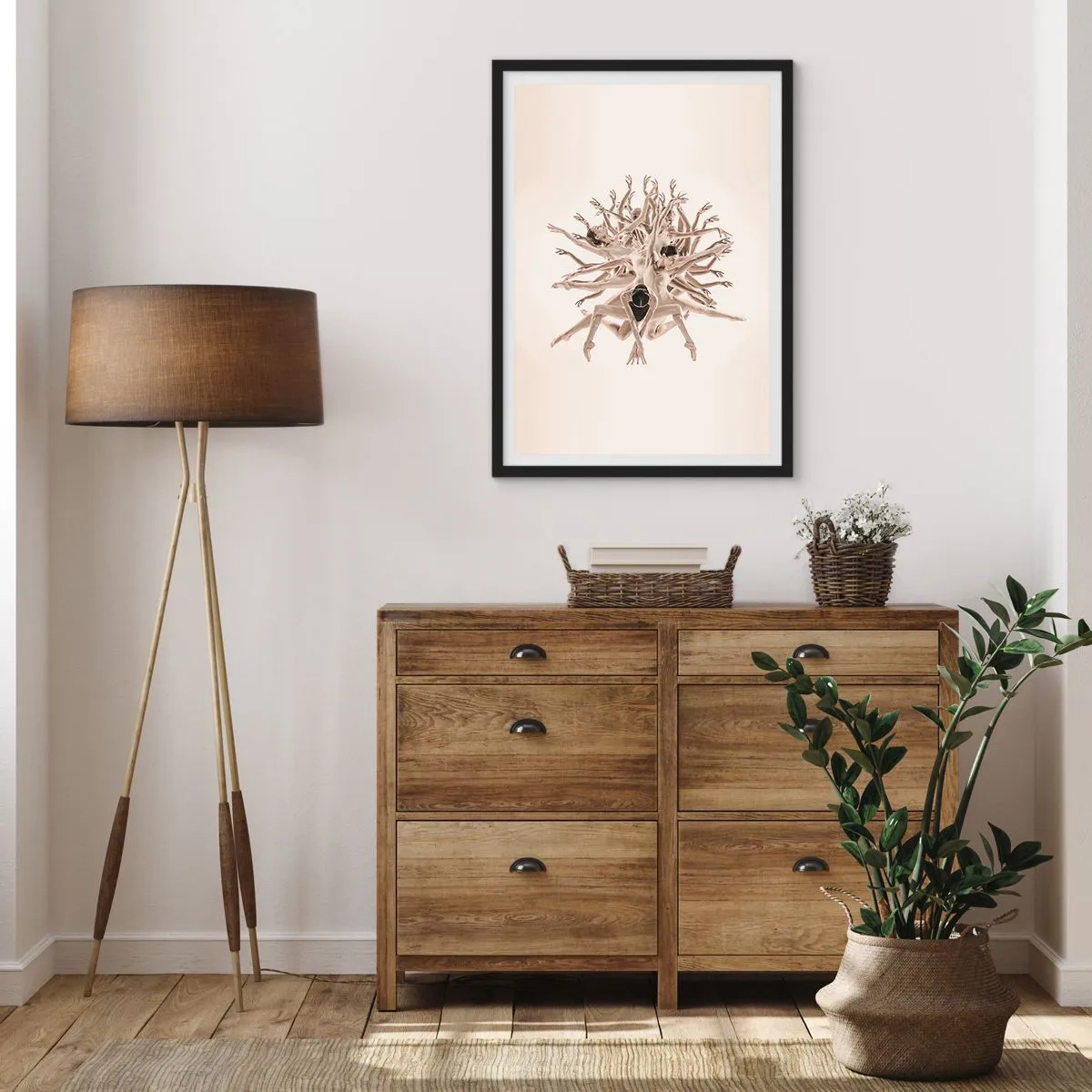Poster în ramă neagră - O compoziție artistică a unei dansatoare în culori delicate de bej. - 50x70cm - Înflorirea în dans - Decorațiune modernă pentru perete pentru living și dormitor ARTTOR