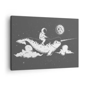 Tablou pe pânză Canvas - Un astronaut pe spatele unui narval plutind într-o scenă spațială. - 70x50cm - Cavalerul Spațial - Decorațiune modernă pentru perete pentru living și dormitor ARTTOR