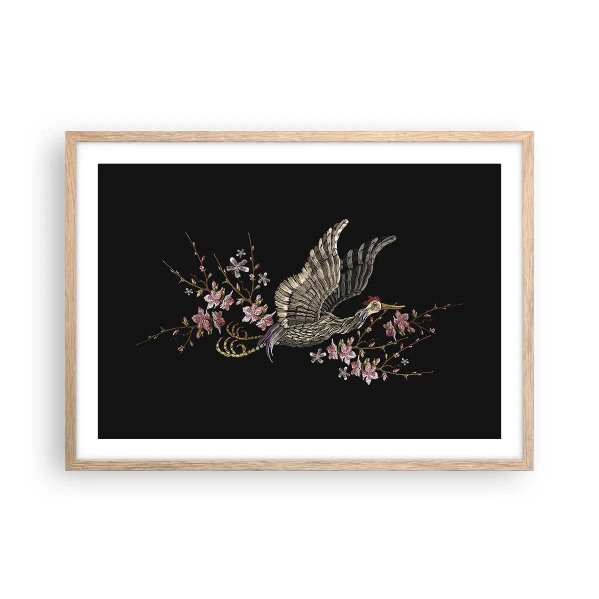 Poster în ramă de stejar deschis - Pasăre exotică brodată - 70x50 cm