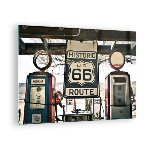 Tablou pe sticlă - Pompe de benzină vintage și indicatorul Route 66 - 70x50cm - O călătorie americană retro - Decorațiune modernă pentru perete pentru living și dormitor ARTTOR