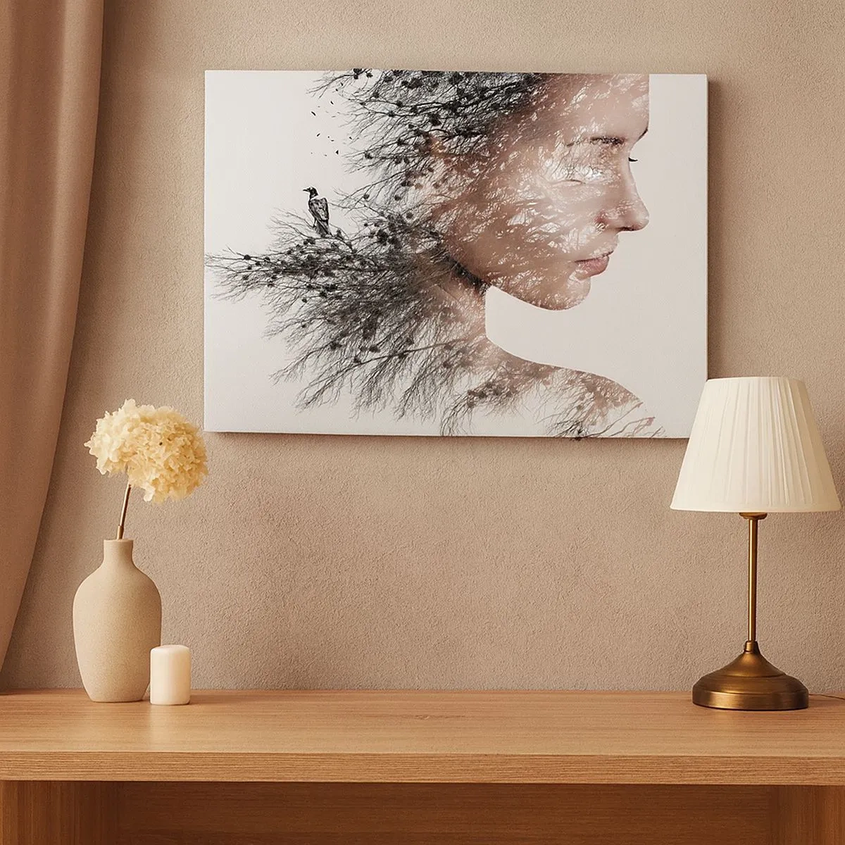 Tablou pe pânză Canvas - Silueta unei femei cu un motiv de ramură și pasăre în fundal - 70x50cm - Spiritul pădurii - Decorațiune modernă pentru perete pentru living și dormitor ARTTOR
