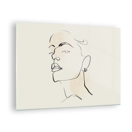 Tablou pe sticlă - Portret de femeie în linii minimaliste pe un fundal deschis - 70x50cm - O privire mândră - Decorațiune modernă pentru perete pentru living și dormitor ARTTOR