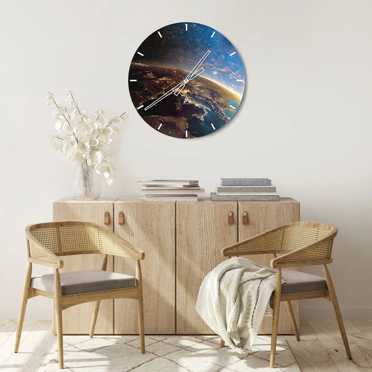 Ceas de perete - Ceas pe sticlă - Vedere a Pământului din spațiu cu continente iluminate - 30x30cm - Să ne privim de la distanță - Decorațiune modernă pentru perete pentru living, bucătărie și dormitor ARTTOR