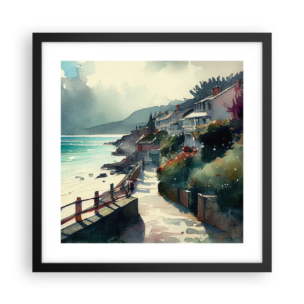 Poster în ramă neagră - Orășel mediteraneean - 40x40 cm