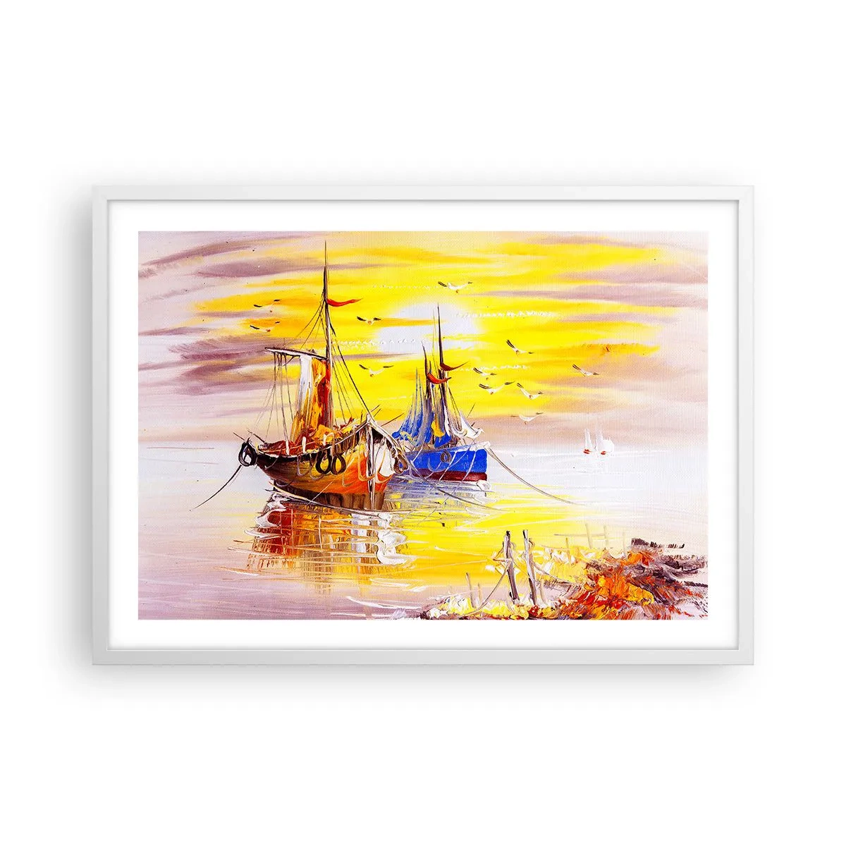 Poster în ramă albă - O binemeritată odihnă în port - 70x50 cm