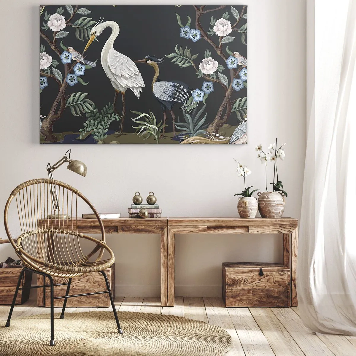Tablou pe pânză Canvas - Păsări și plante pictate pe un fundal întunecat, cu un model elegant - 70x50cm - Parada păsărilor - Decorațiune modernă pentru perete pentru living și dormitor ARTTOR