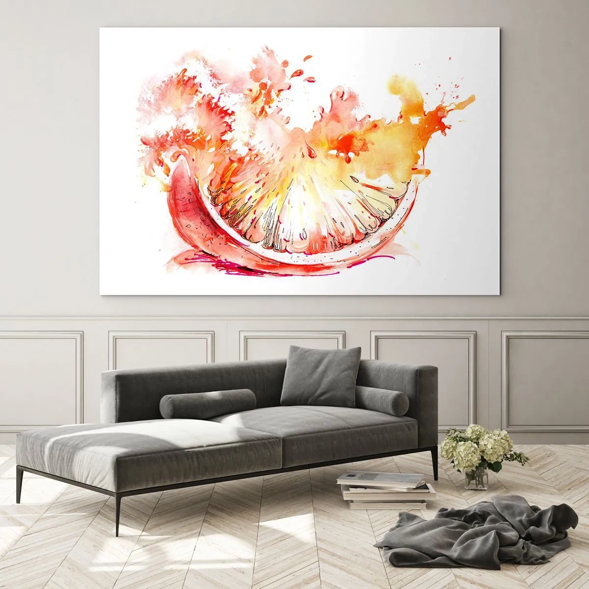 Tablou pe sticlă - Pictură în acuarelă a unui segment de grapefruit suculent în mișcare - 70x50cm - Răcoritoare suculentă - Decorațiune modernă pentru perete pentru living și dormitor ARTTOR