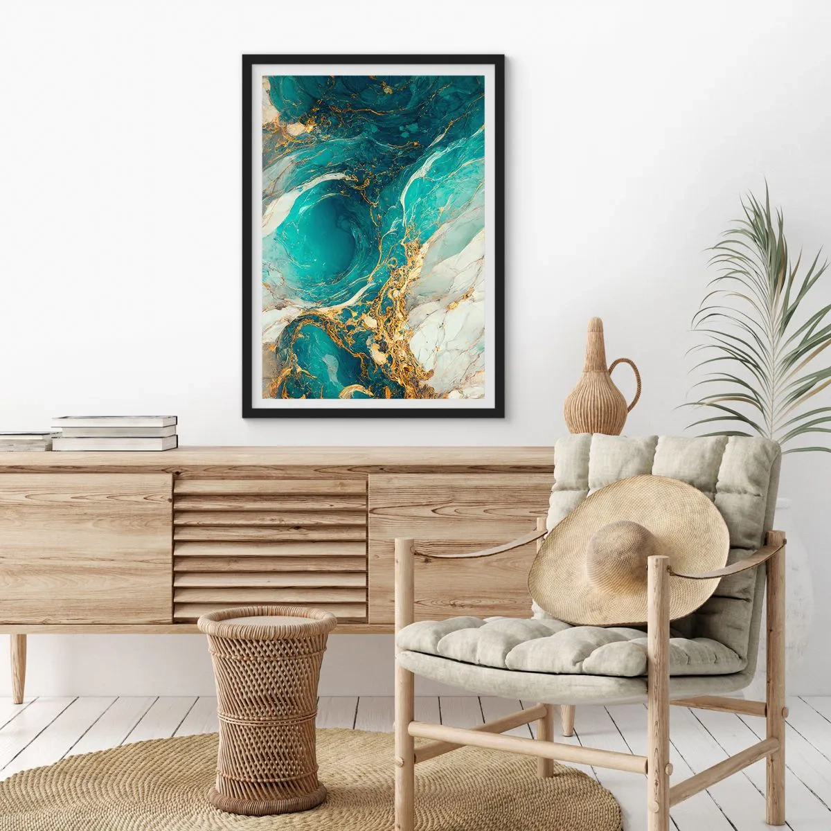 Poster în ramă neagră - Abstracție turcoaz cu accente aurii - 50x70cm - Compoziție cu vene aurii - Decorațiune modernă pentru perete pentru living și dormitor ARTTOR