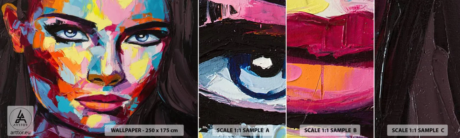Mostră tapet autocolant Deluxe Sticker - Un suflet plin de culoare - Portretul unei femei, Față, Bucată - 100x30 cm