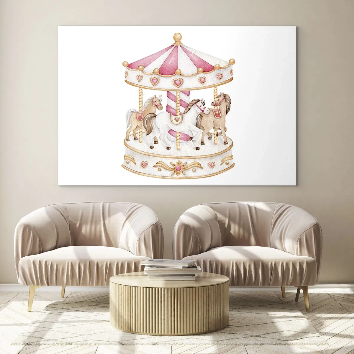 Tablou pe sticlă - Un carusel roz cu cai în stil pentru copii pe fundal alb - 70x50cm - Lumea dulce a copilăriei - Decorațiune modernă pentru perete pentru living și dormitor ARTTOR