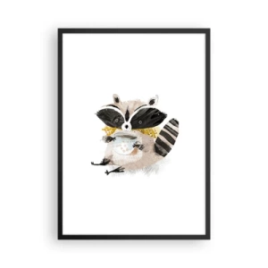 Poster în ramă neagră - Un desen cu un raton purtând o eșarfă și ținând o ceașcă de ceai. - 50x70cm - Prietenul meu ratonul - Decorațiune modernă pentru perete pentru living și dormitor ARTTOR