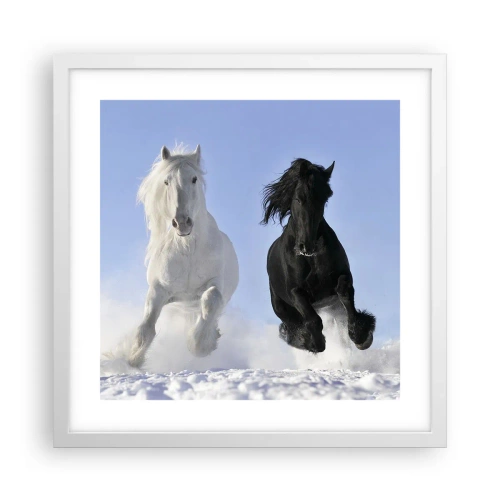 Poster în ramă albă - Galop de alb și negru - 40x40 cm