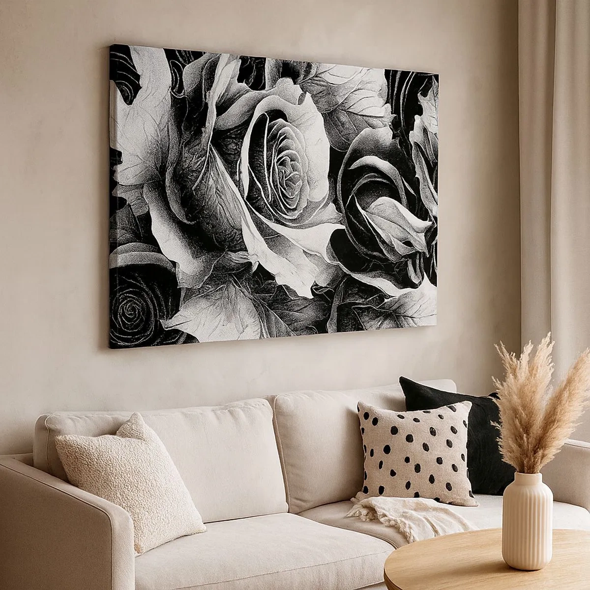 Tablou pe pânză Canvas - Trandafiri albi și negri într-o compoziție elegantă - 70x50cm - Mereu regina - Decorațiune modernă pentru perete pentru living și dormitor ARTTOR