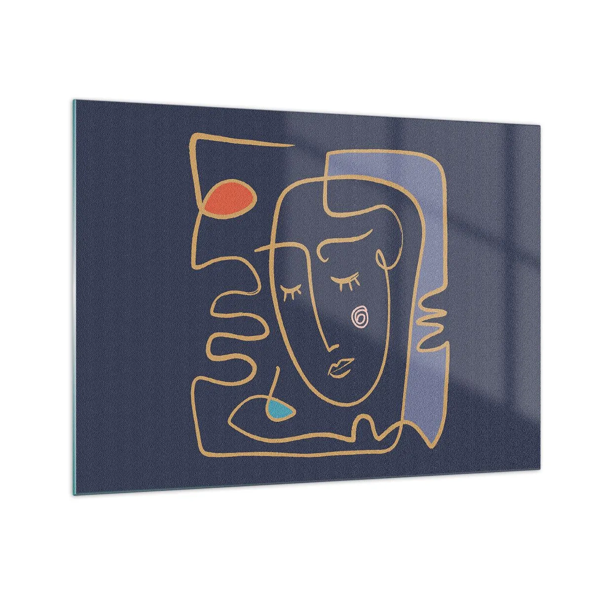 Tablou pe sticlă - Față abstractă în contur pe un fundal albastru marin - 70x50cm - În reverie - Decorațiune modernă pentru perete pentru living și dormitor ARTTOR