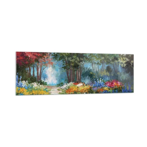 Tablou pe sticlă - Grădină de pădure, pădure de flori - 160x50 cm