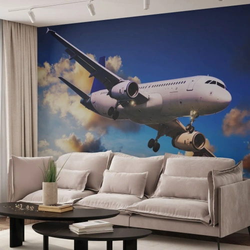 Tapet Standard Eco - Călătorie în alb și albastru - Avion, excursie, Cer cu nori - 250x175 cm