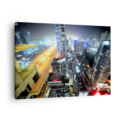 Tablou pe pânză Canvas - Panoramă a orașului nocturn cu zgârie-nori iluminați - 70x50cm - Un miracol în deșert - Decorațiune modernă pentru perete pentru living și dormitor ARTTOR