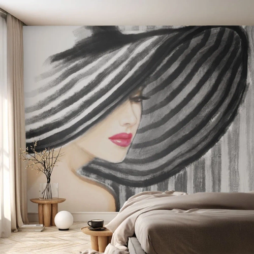 Tapet Standard Eco - Femeie elegantă într-o pălărie cu boruri largi în alb și negru - 100x70cm - Unde te pot găsi? - Decorațiune modernă pentru perete pentru living și dormitor ARTTOR