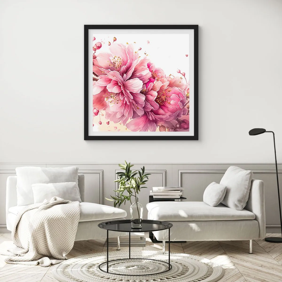 Poster în ramă neagră - Flori de cireș - 30x30 cm