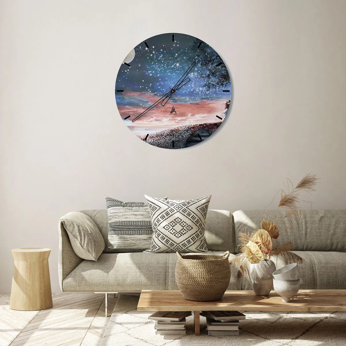 Ceas de perete - Ceas pe sticlă - Un cer nocturn plin de stele cu lună și nori roz - 30x30cm - O performanță stelară - Decorațiune modernă pentru perete pentru living, bucătărie și dormitor ARTTOR
