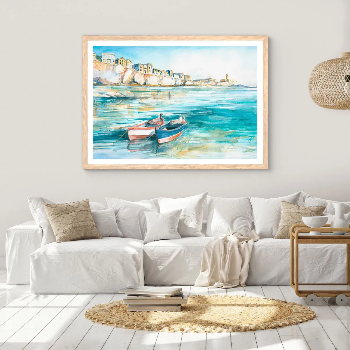 Poster în ramă de stejar deschis - Peisaj în azur - 70x50 cm