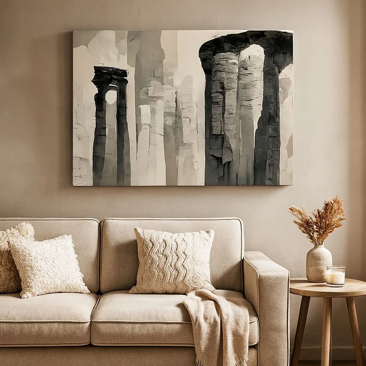Tablou pe pânză Canvas - Coloane istorice într-un decor monocromatic atmosferic - 70x50cm - Măreția antichității - Decorațiune modernă pentru perete pentru living și dormitor ARTTOR