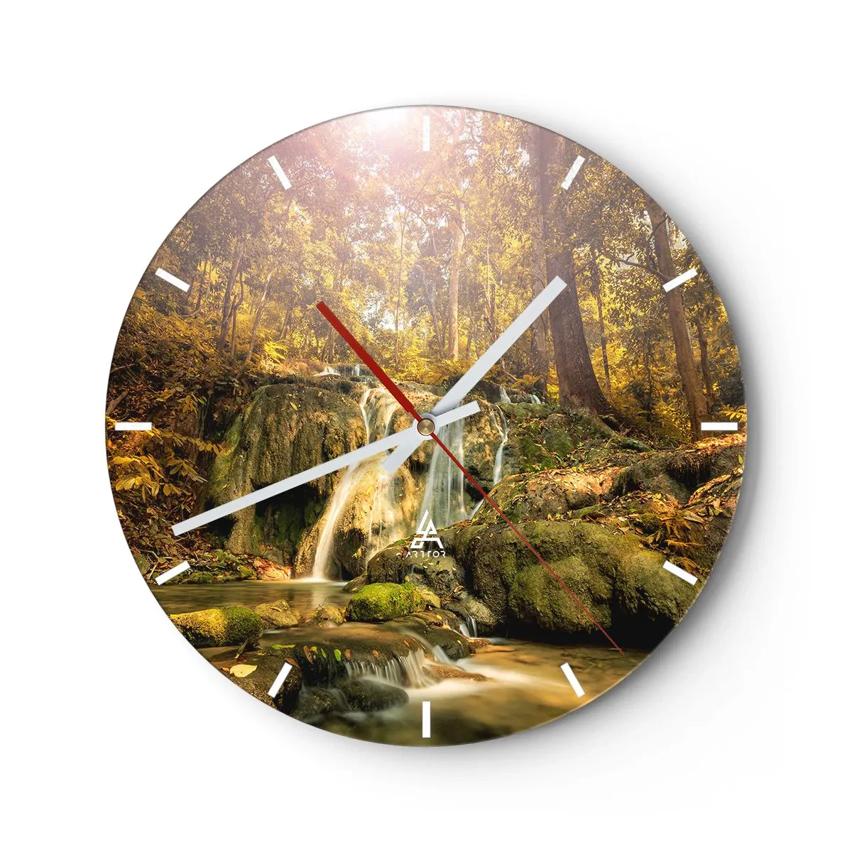 Ceas de perete - Ceas pe sticlă - Cascadă în pădure la soare - 30x30cm - Cascada de pădure în verde - Decorațiune modernă pentru perete pentru living, bucătărie și dormitor ARTTOR