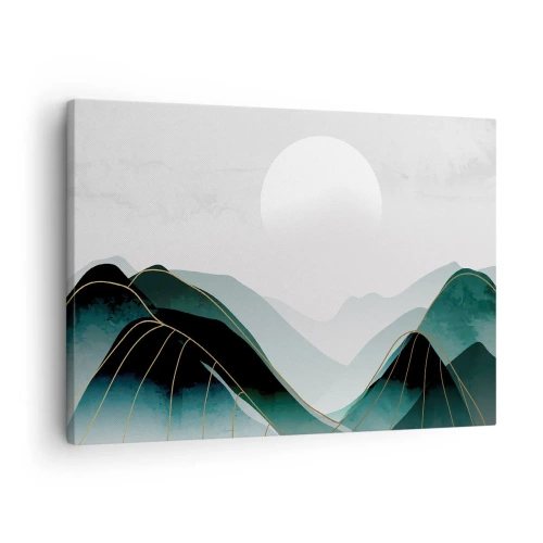 Tablou pe pânză Canvas - Peisaj montan abstract cu lună și linii aurii - 70x50cm - Măreție deplină - Decorațiune modernă pentru perete pentru living și dormitor ARTTOR