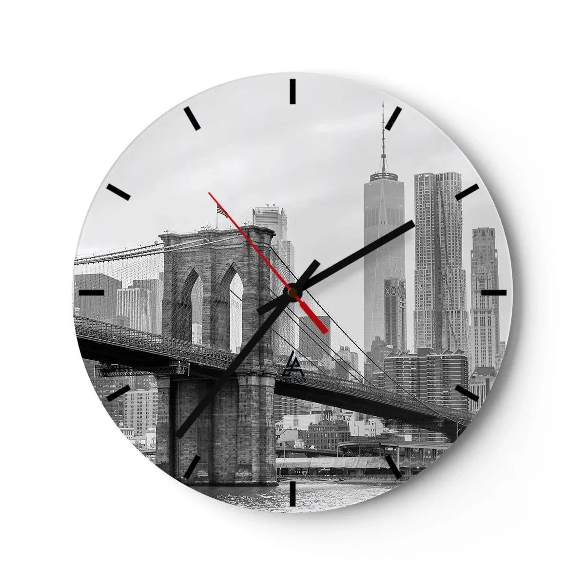 Ceas de perete - Ceas pe sticlă - Podul Brooklyn pe fundalul orizontului orașului în alb și negru - 30x30cm - New York vibes - Decorațiune modernă pentru perete pentru living, bucătărie și dormitor ARTTOR