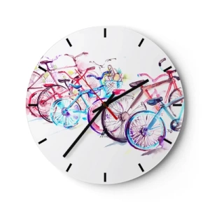 Ceas de perete - Ceas pe sticlă - Biciclete în acuarelă în culori strălucitoare pe fundal alb - 30x30cm - Reuniunea clubului Antymoto - Decorațiune modernă pentru perete pentru living, bucătărie și dormitor ARTTOR