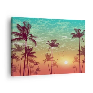Tablou pe pânză Canvas - Apus de soare cu palmieri pe un cer colorat - 70x50cm - Climate tropicale - Decorațiune modernă pentru perete pentru living și dormitor ARTTOR