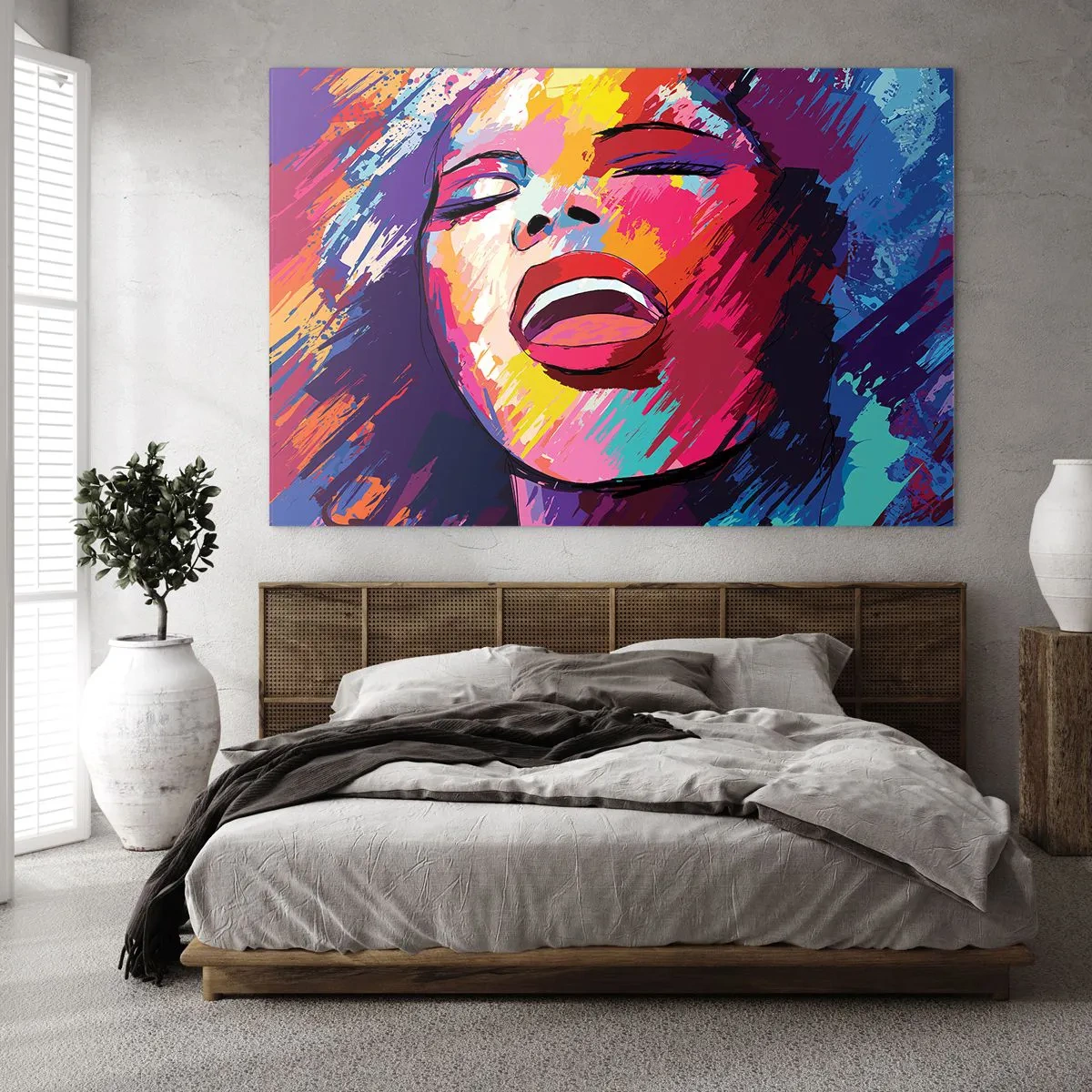 Tablou pe sticlă - Portret abstract al unei femei în culori intense - 70x50cm - Cântă toată viața - Decorațiune modernă pentru perete pentru living și dormitor ARTTOR