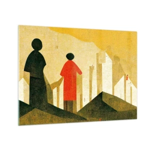 Tablou pe sticlă - Siluete geometrice ale unor figuri printre forme înalte pe fundalul unui cer galben - 70x50cm - Încă un drum lung de parcurs - Decorațiune modernă pentru perete pentru living și dormitor ARTTOR