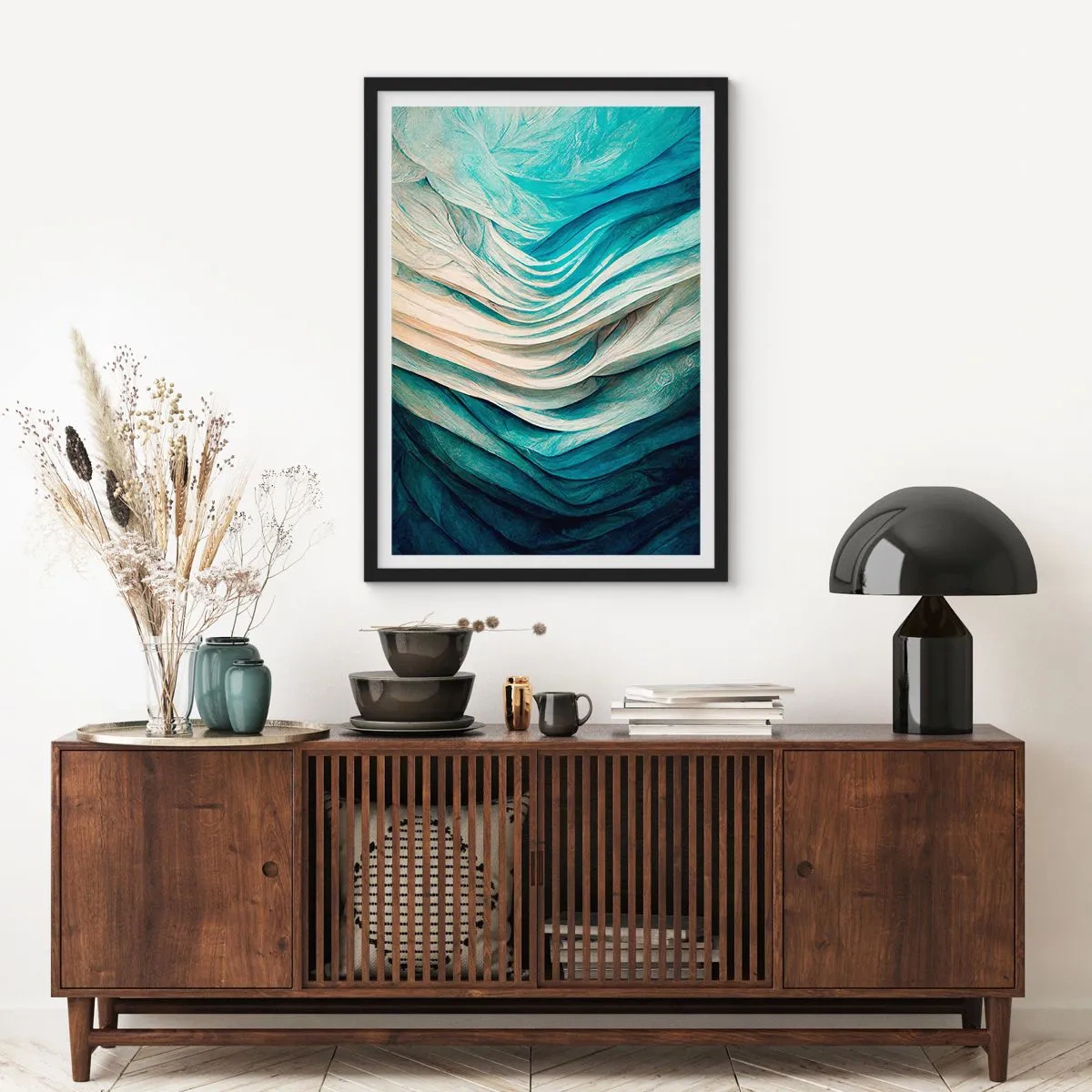 Poster în ramă neagră - Compoziție abstractă de valuri în nuanțe de albastru și bej - 50x70cm - Insațiabilitate albastră - Decorațiune modernă pentru perete pentru living și dormitor ARTTOR