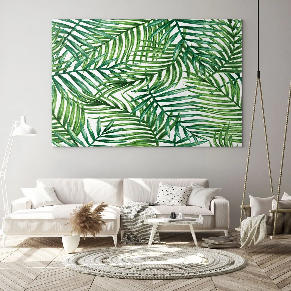 Tablou pe sticlă - Frunze de palmier verzi pe fundal alb, creând un model geometric - 70x50cm - Sub bolta verde - Decorațiune modernă pentru perete pentru living și dormitor ARTTOR