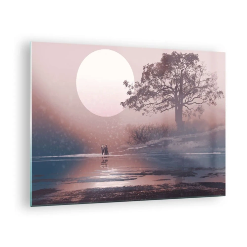 Tablou pe sticlă - Un peisaj magic cu un copac, lună și figuri - 70x50cm - Minuni nocturne - Decorațiune modernă pentru perete pentru living și dormitor ARTTOR