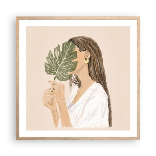 Poster în ramă de stejar deschis - Portret misterios cu un evantai - 60x60 cm