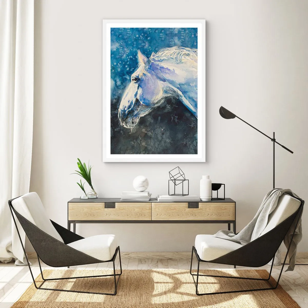Poster în ramă albă - Portret într-o strălucire albastră - 70x100 cm