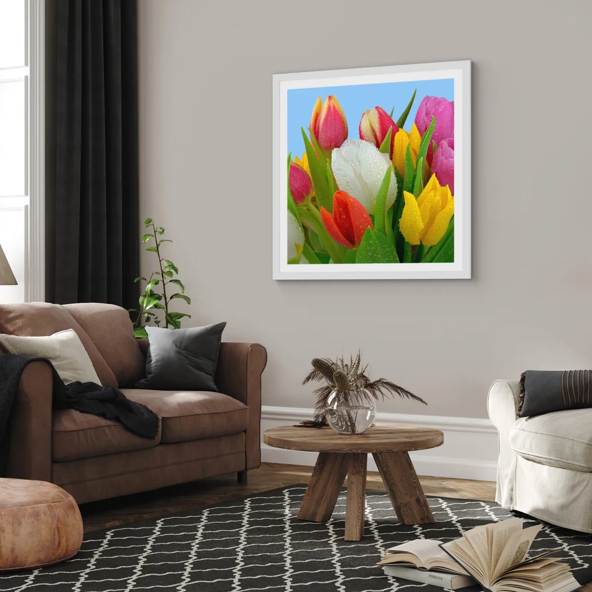 Poster în ramă albă - Un curcubeu floral în picături de rouă - 60x60 cm