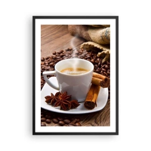 Poster în ramă neagră - O ceașcă de cafea cu condimente pe un fundal de boabe de cafea - 50x70cm - Gust și aromă de mirodenii - Decorațiune modernă pentru perete pentru living și dormitor ARTTOR