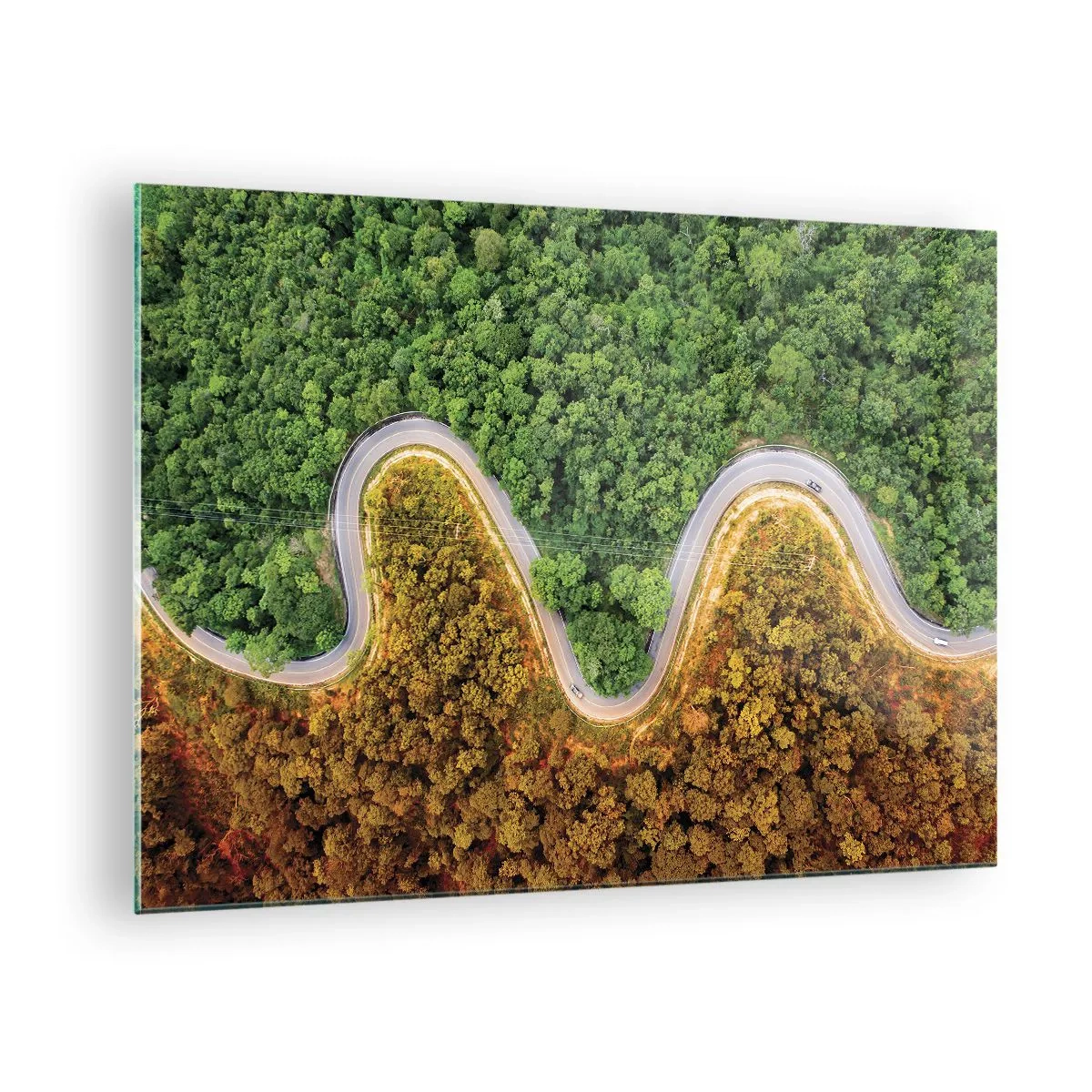 Tablou pe sticlă - Un drum șerpuitor printr-o pădure densă, văzut din perspectiva unei păsări - 70x50cm - Frontiere și defilee - Decorațiune modernă pentru perete pentru living și dormitor ARTTOR