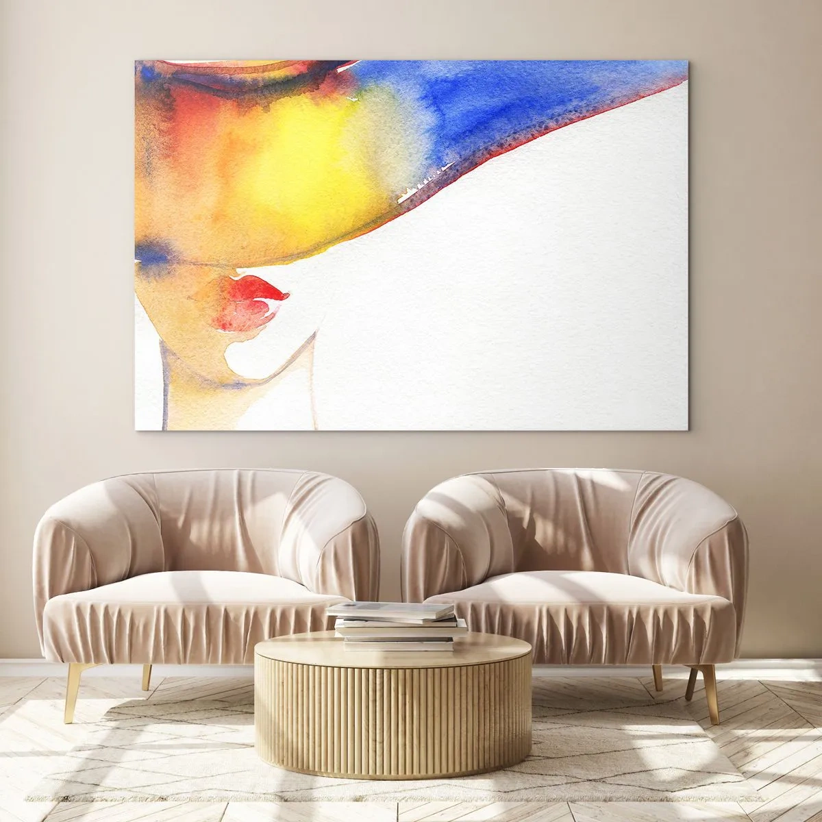 Tablou pe sticlă - Portretul unei femei în acuarelă colorată - 70x50cm - Portretul unei doamne    - Decorațiune modernă pentru perete pentru living și dormitor ARTTOR