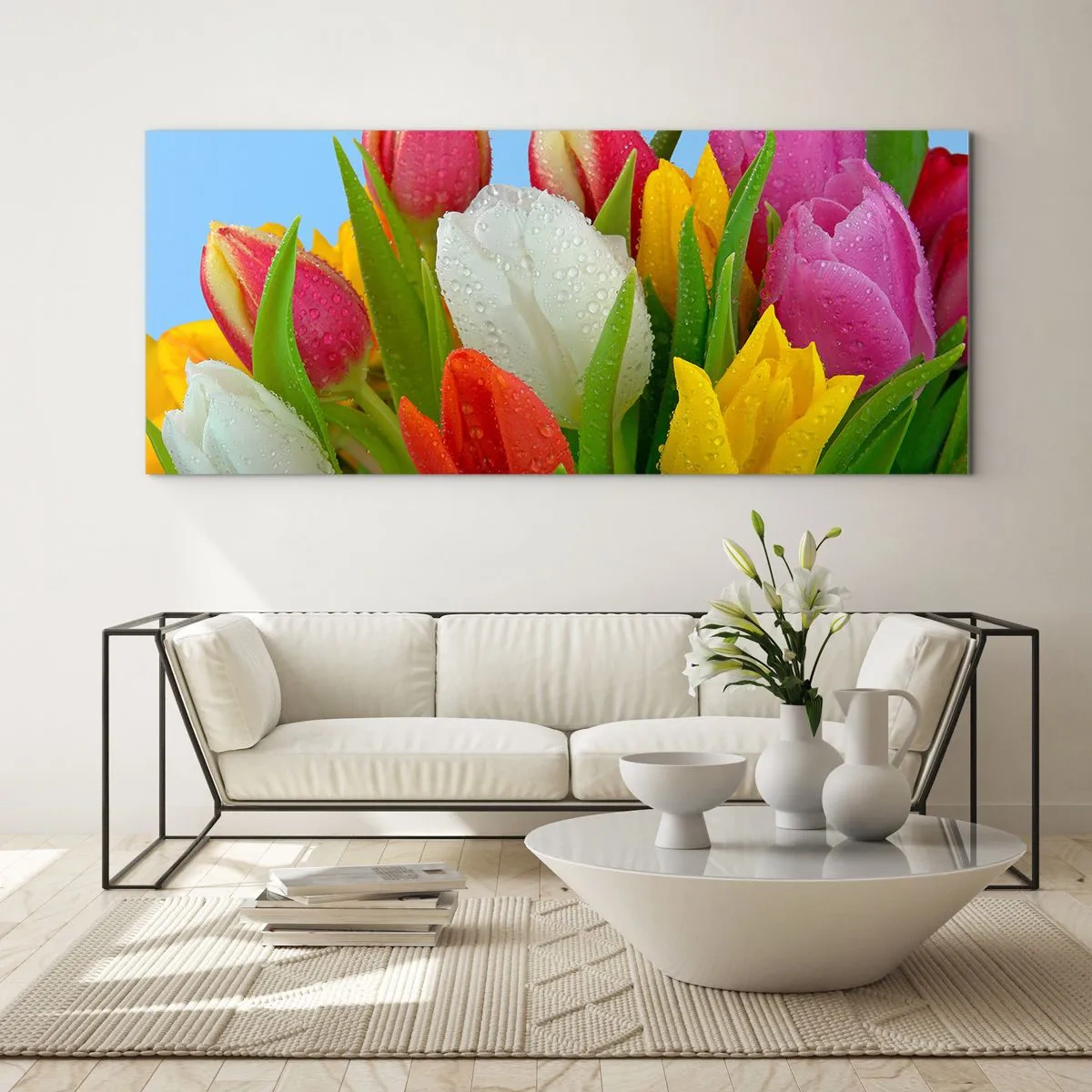 Tablou pe sticlă - Un curcubeu floral în picături de rouă - 140x50 cm