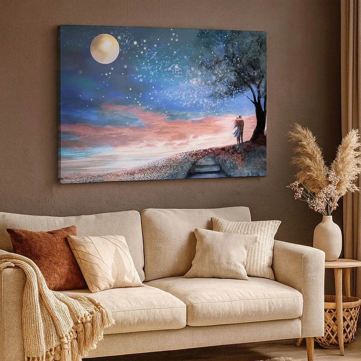 Tablou pe pânză Canvas - Scenă romantică de cuplu sub luna plină - 70x50cm - O performanță stelară - Decorațiune modernă pentru perete pentru living și dormitor ARTTOR