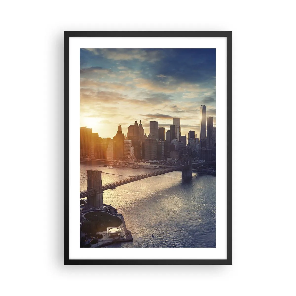 Poster în ramă neagră - Vedere a Manhattanului la apus cu Podul Brooklyn - 50x70cm - Un monument al culturii occidentale - Decorațiune modernă pentru perete pentru living și dormitor ARTTOR